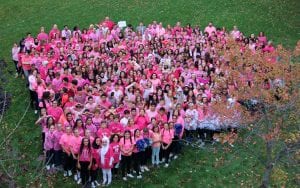 Bryant Students and staff are outside for pink shirt heart day.