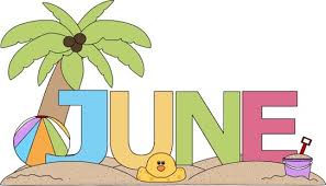 Letters of the month June with a palm tree sand , beach ball, play yellow duck and bucket.