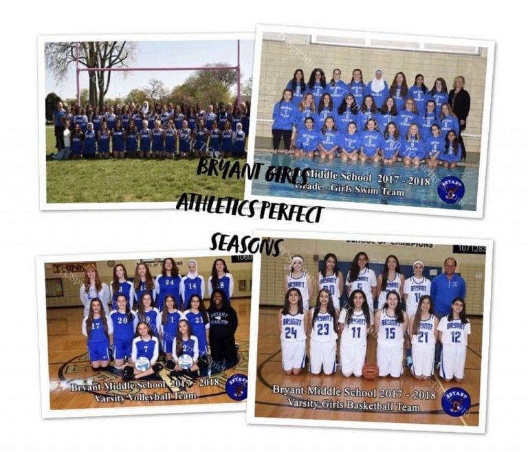 Four squared images with a group of girls lined up posing.