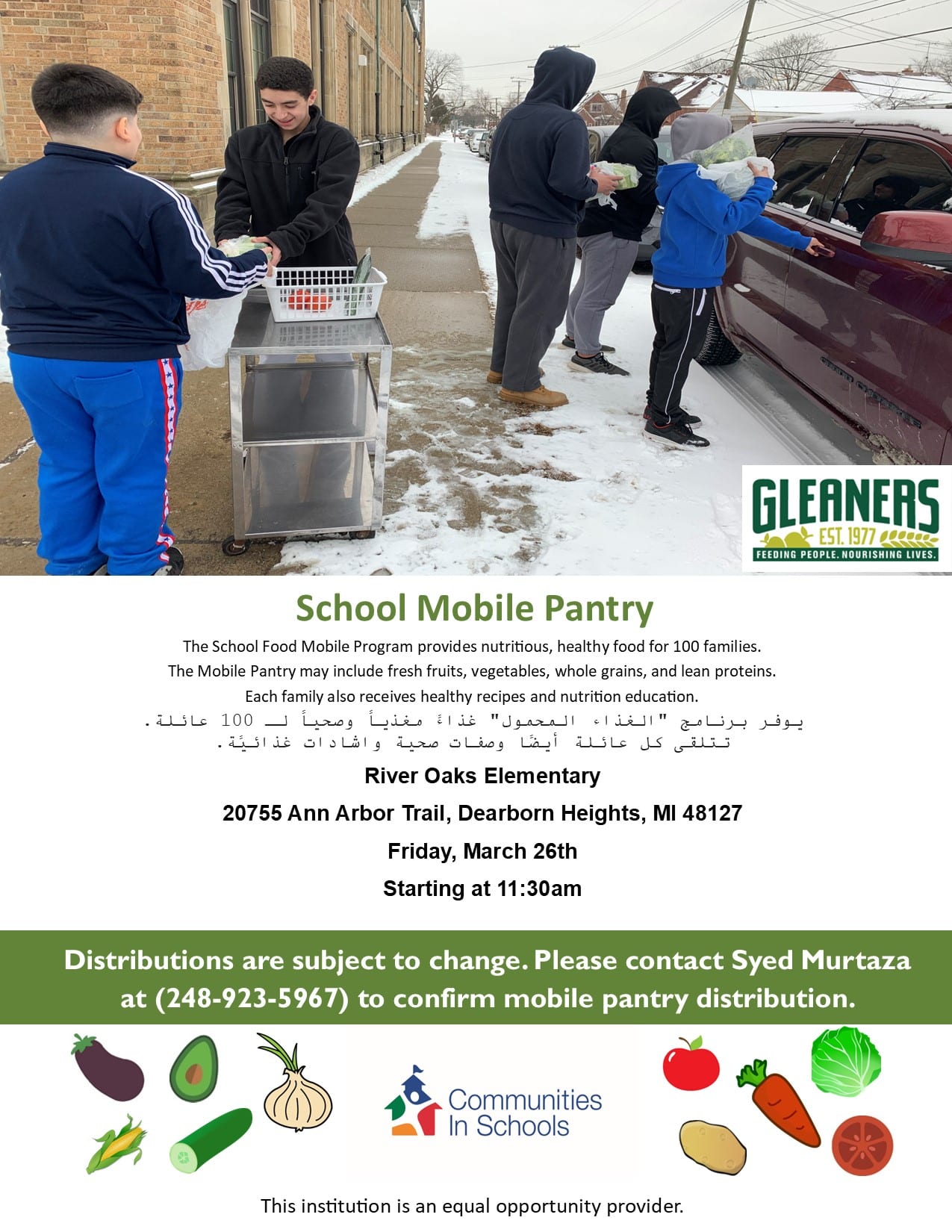 A flyer to where mobile pantry is being passed out to families in cars.