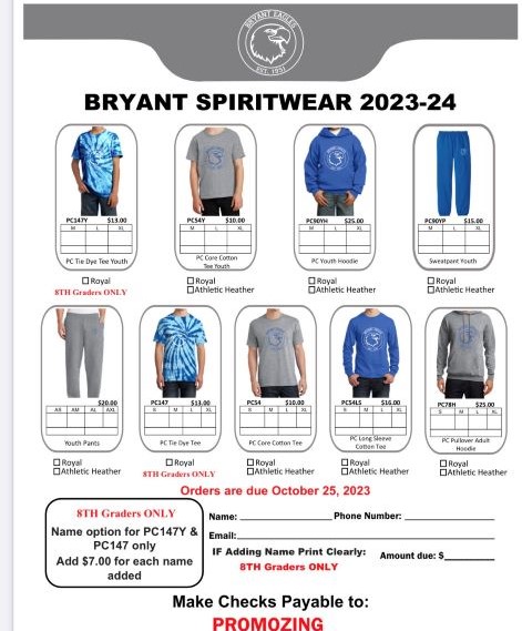 8th-Grade Spirit wear orders are due by October 25th.