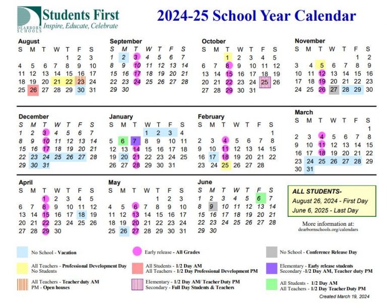 Last Day of School, half-day, and 2024/2025 Academic Year Calendar