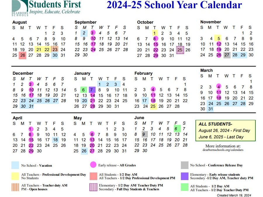 Last Day of School, half-day, and 2024/2025 Academic Year Calendar