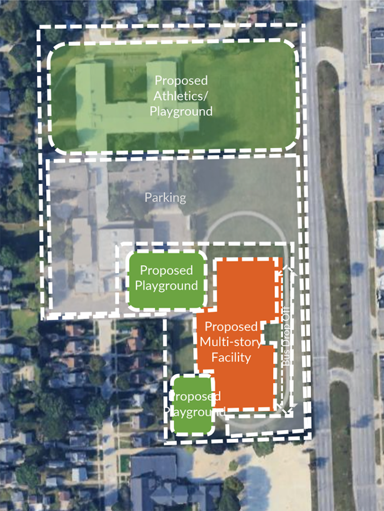 An illustration showing where the new Haigh-Bryant School would be constructed on the existing Bryant property.